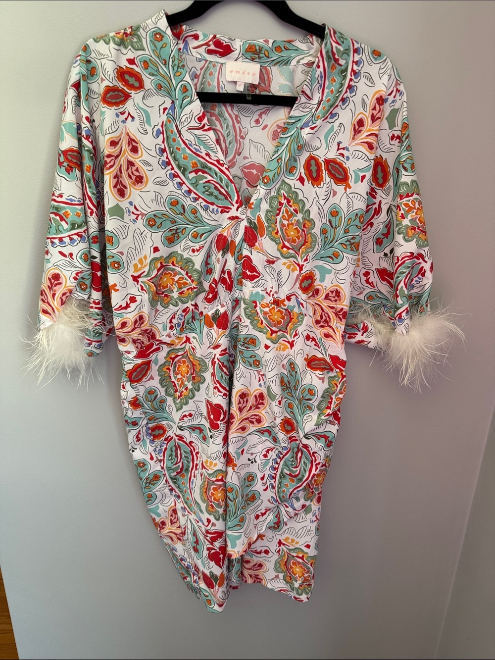 entro Multicolor Paisley-Print Robe with Feather Cuffs